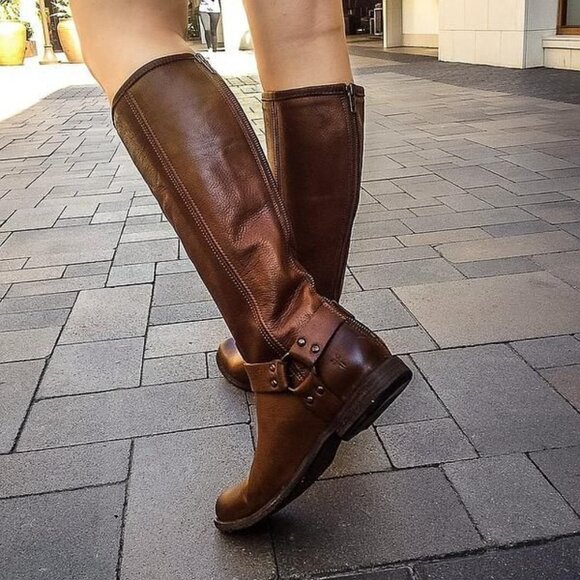 Frye (8.5) Brown Leather Phillips Back Zip Low Heel Harness Knee High Boot - Picture 1 of 15